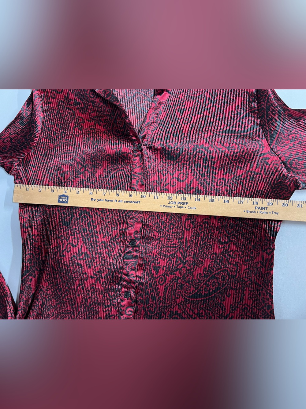 Fred David Woman Stretch Plisse Pleated Button Down Blouse Red Black Paisley 1X - Picture 5 of 6